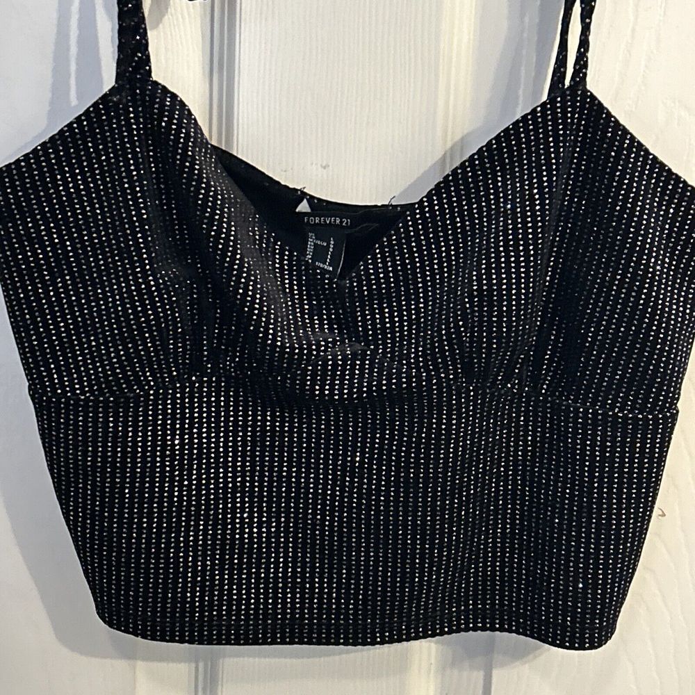 Forever 21 Womens L Velvet Sparkle Crop Top Tie Straps Black - Picture 2 of 8